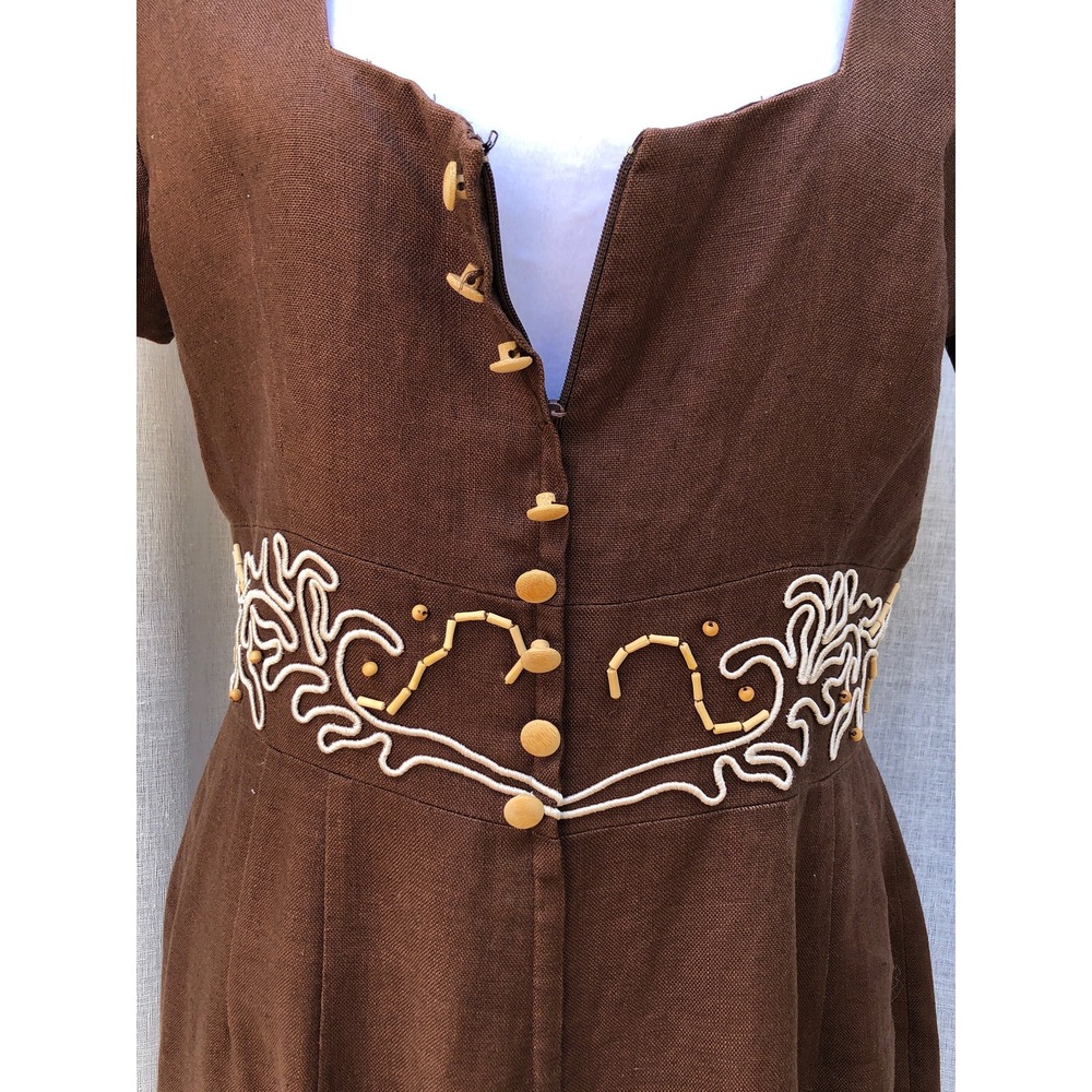 Donna Morgan chocolate brown short sleeve linen dress beaded waist embroidery - Picture 8 of 10
